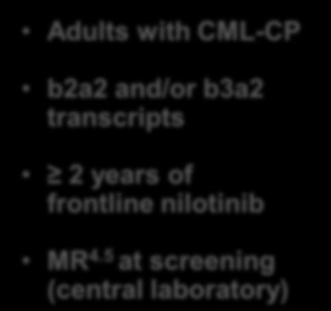 Enroll Adults with CML-CP b2a2 and/or b3a2 transcripts 2 years of frontline nilotinib ENESTfreedom study design a Nilotinib Frontline RQ-PCR (standardized to the IS) every 12 weeks Nilotinib