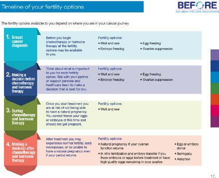 115 Similarly, the timeline of fertility options in the paper version used colour and a visual to show the fertility options at each point in the care journey.