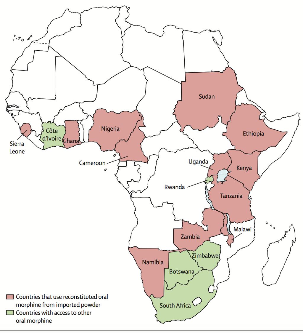 Palliative treatment in Africa 95% HCC pts in SSA treated with palliative intent SSA Countries with access to oral morphine in 2012 Regulatory restrictions Lack of Healthcare training o
