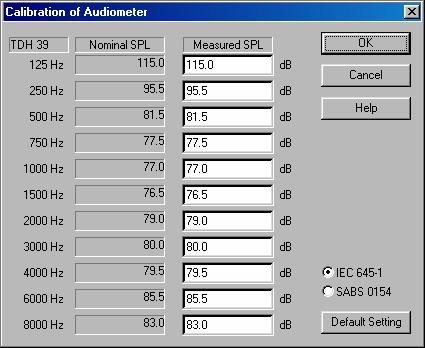 Audiometer calibration In a case of Database version, the correctional values have to be entered, based on the calibration report, which included to the equipment.
