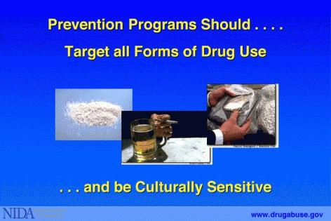 Prevention programs should target all forms of drug use including the use of tobacco, alcohol, marijuana, and inhalants.