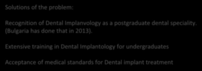 There is a gap between the demand for dental implant treatment and the undergraduate and postgraduate training in Dental implantology (Oral