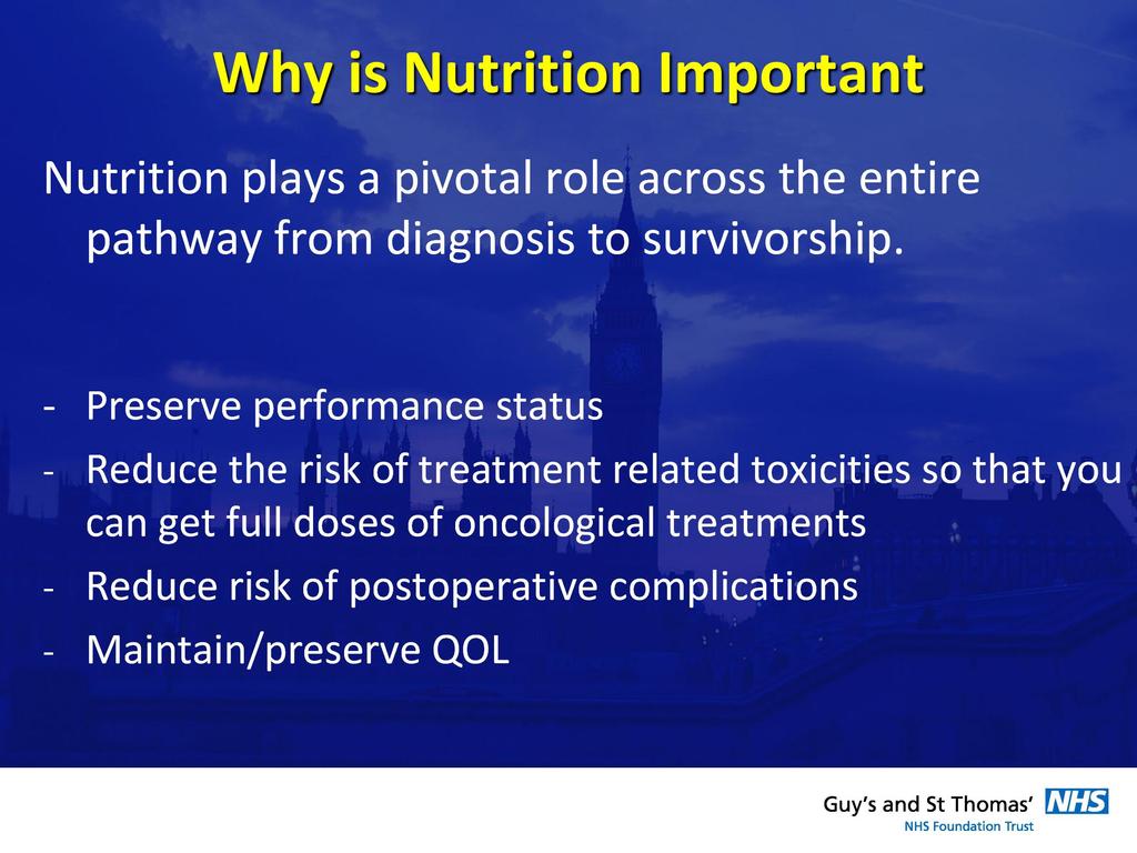 Nutrition plays a pivotal role across the entire pathway from diagnosis to survivorship.