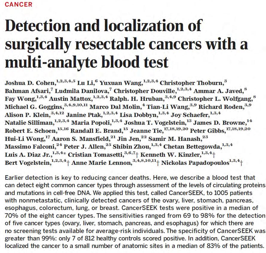 The sensitivities ranged from 69 to 98% for the detection of five cancer types for which