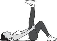 3. Supine Hamstring Stretch Main muscles worked: Hamstrings You should feel this stretch at the back of your thigh and behind your knee Equipment needed: None Repetitions 2 to 3 Lie on the floor with