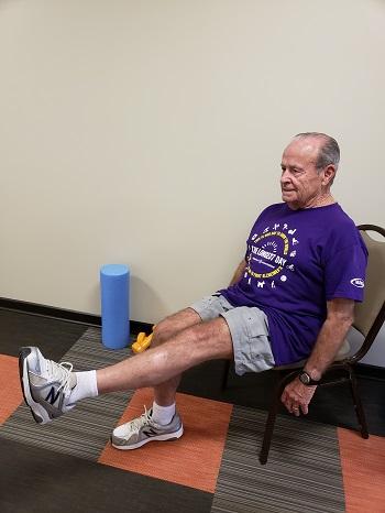 Knee Extension Sit up straight. Keep the left foot on the floor. Extend the right leg. Repeat with the left leg. Try to do 10-15 repetitions.