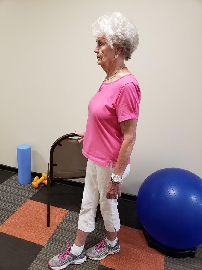 Benefit: Improves balance necessary for dressing, showering, cooking, housekeeping tasks, as well as walking. Tandem Stance Stand close to a chair, wall or table for support if necessary.
