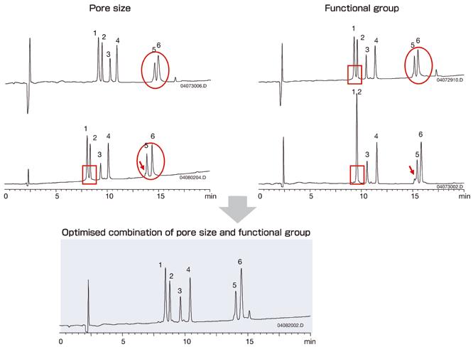 160 Biochromatography Bioseparation Columns Separation of peptides and proteins (MW 4,300-17,000)* Comparison of separation on columns with different pore size and functional group YMC-Pack C 8 12 nm