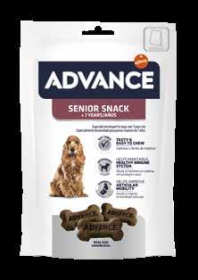 SENIOR SNACK +7 YEARS Complementary food for dogs over 7 years old. Appetizing and easy-to-chew biscuit ideal for older dogs. SOFT TEXTURE Tasty and easy to chew.