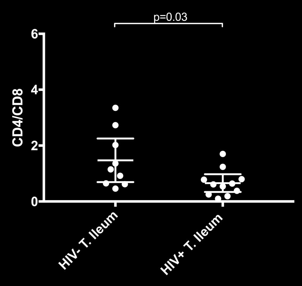 Differences in CD4/CD8 recovery by HIV Status In treated PHI, CD4/CD8 ratio in rectal HIV+GALT is comparable with controls, however, CD4/CD8