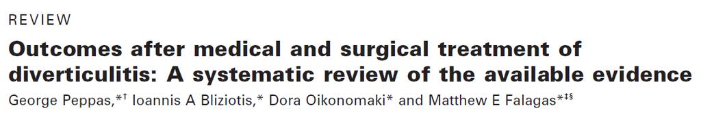 The value of surgery 21 studies readmission to hospital for diverticular disease during follow up was greater in patients treated conservatively than in those having surgery (18.6% vs 6.