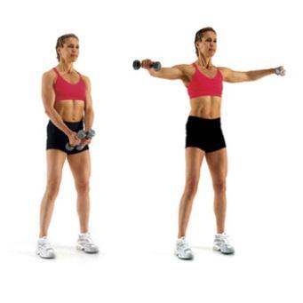 Basic Lunge with Lat raises- Lunge out with one leg and raise arms laterally while in the lunge DB Row- upper and middle back, biceps, rear deltoids Stand with feet shoulder width apart, dumbbell in