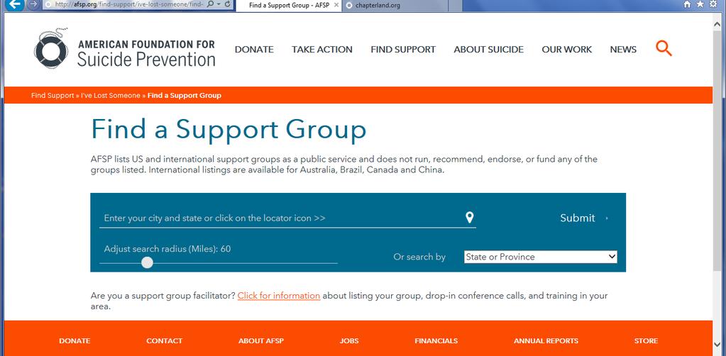 Support Resources Support Group Listing AFSP provides listings for hundreds