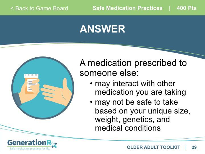 SLIDE 28 Category: Safe Medication Practices, 400pts SLIDE 29 Answer: Safe Medication Practices, 400pts Transition: Two primary reasons NOT to take a medication prescribed to someone else: May