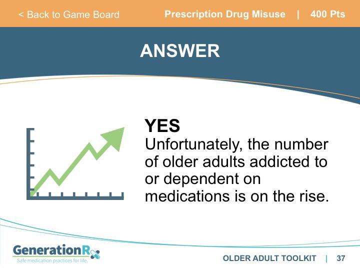 SLIDE 37 Answer: Prescription Drug Misuse, 400pts Transition: Some of the reasons for this trend may be: Aging of the Baby Boomer population who grew up with a different perspective on medication use.
