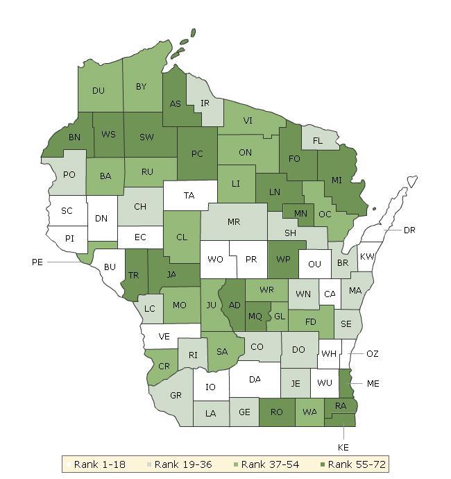 The maps on this page display Wisconsin s counties divided into groups by health rank. The lighter colors indicate better performance in the respective summary rankings.