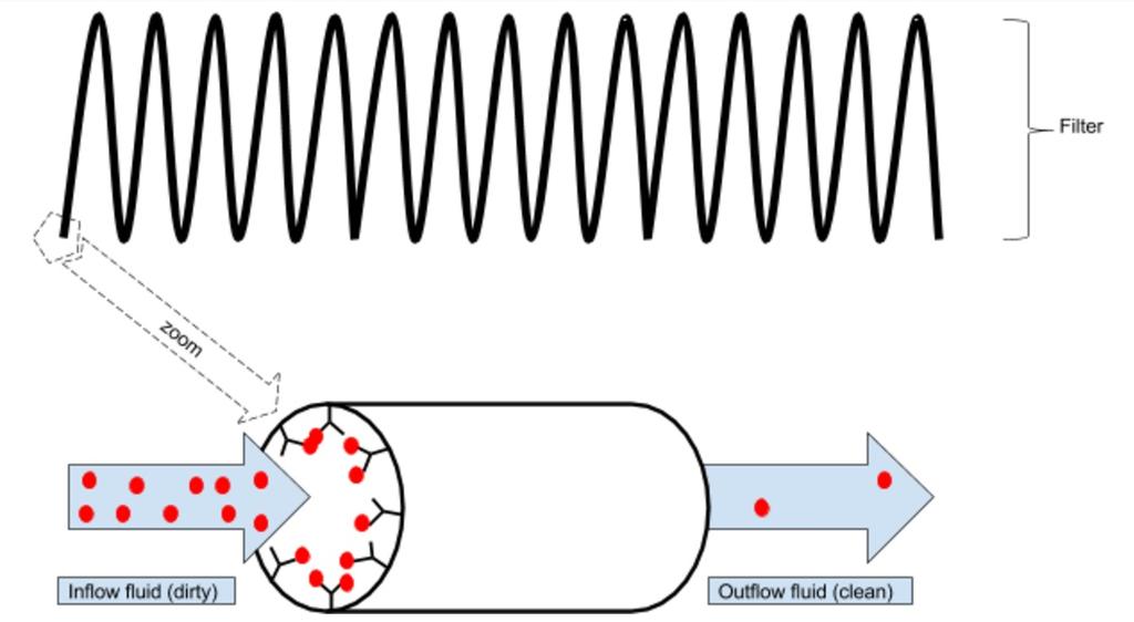 FIGURE 4: Schematic representation of a filter based on immunotechnology The inside of a long column is fully coated with antibodies against the target molecule (red balls).