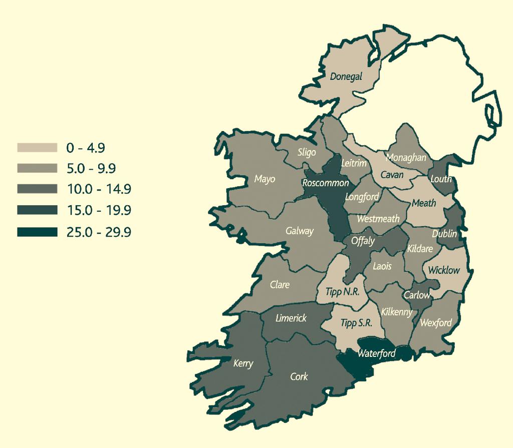 Table 9: Age-standardised TB incidence rates per 100,000 population by county with 95% confidence intervals, 2002 County Incidence rate/100,000 95% CI Waterford 27.0 16.8-37.2 Roscommon 18.7 6.8-30.