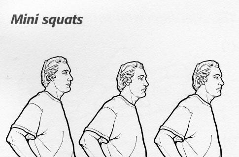 4. Mini Squats Stand with your feet shoulder width apart, toes slightly turned outward. Bend knees to about 30 degrees, bending slightly forward at the waist and keeping your back straight.