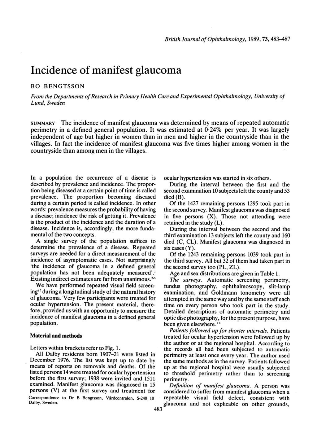Incidence of manifest glaucoma BO BENGTSSON British Journal of Ophthalmology, 1989, 73, 483-487 From the Departments ofresearch in Primary Health Care and Experimental Ophthalmology, University of