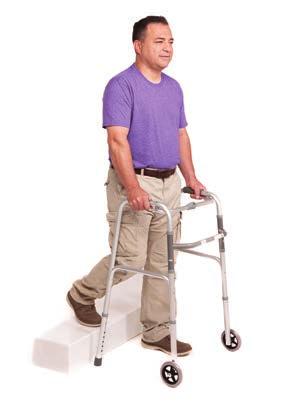 Lean on the walker so it supports your weight. Step into the center with your operated leg. Then step forward with your good leg. Repeat.