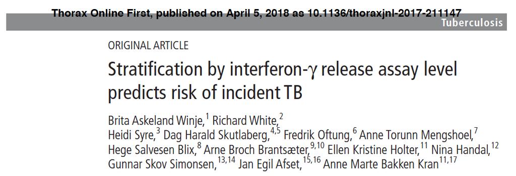 LOW INCIDENCE SETTING population-based, prospective cohort of 44, 875 Norwegians QFT results linked with diagnosis and LTBI prescription data from