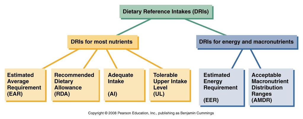 reducing chronic disease for intake of carbohydrates, protein, fat, and essential amino acids Know how to calculate total calories in diet Grams X calorie of macronutrient= kcal for food