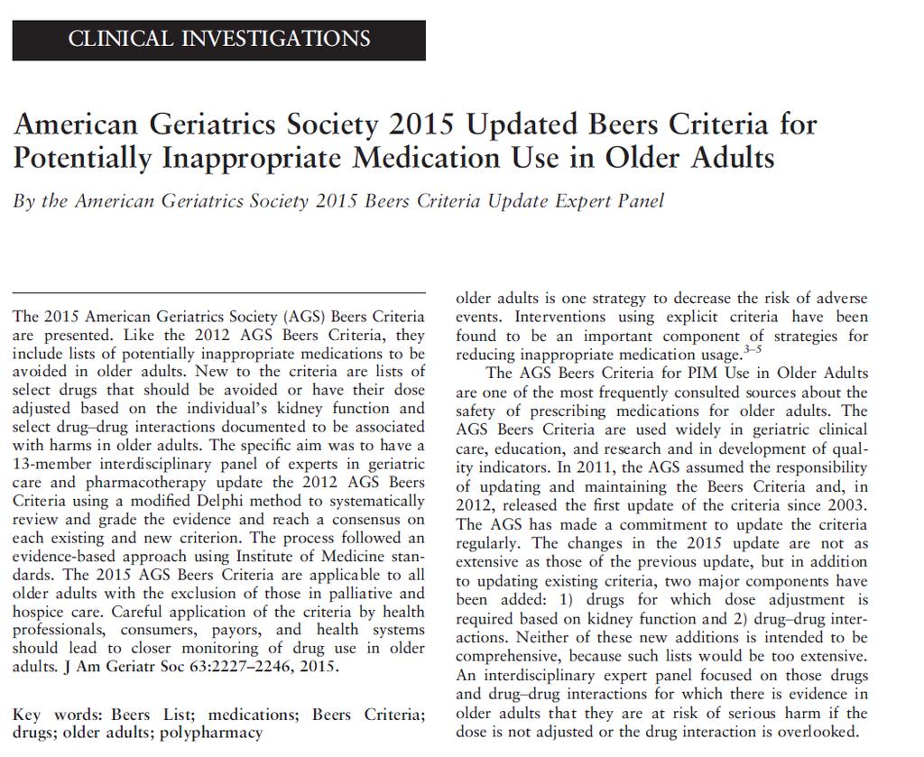 American Geriatrics Society 2015 Updated Beers Criteria for Potentially