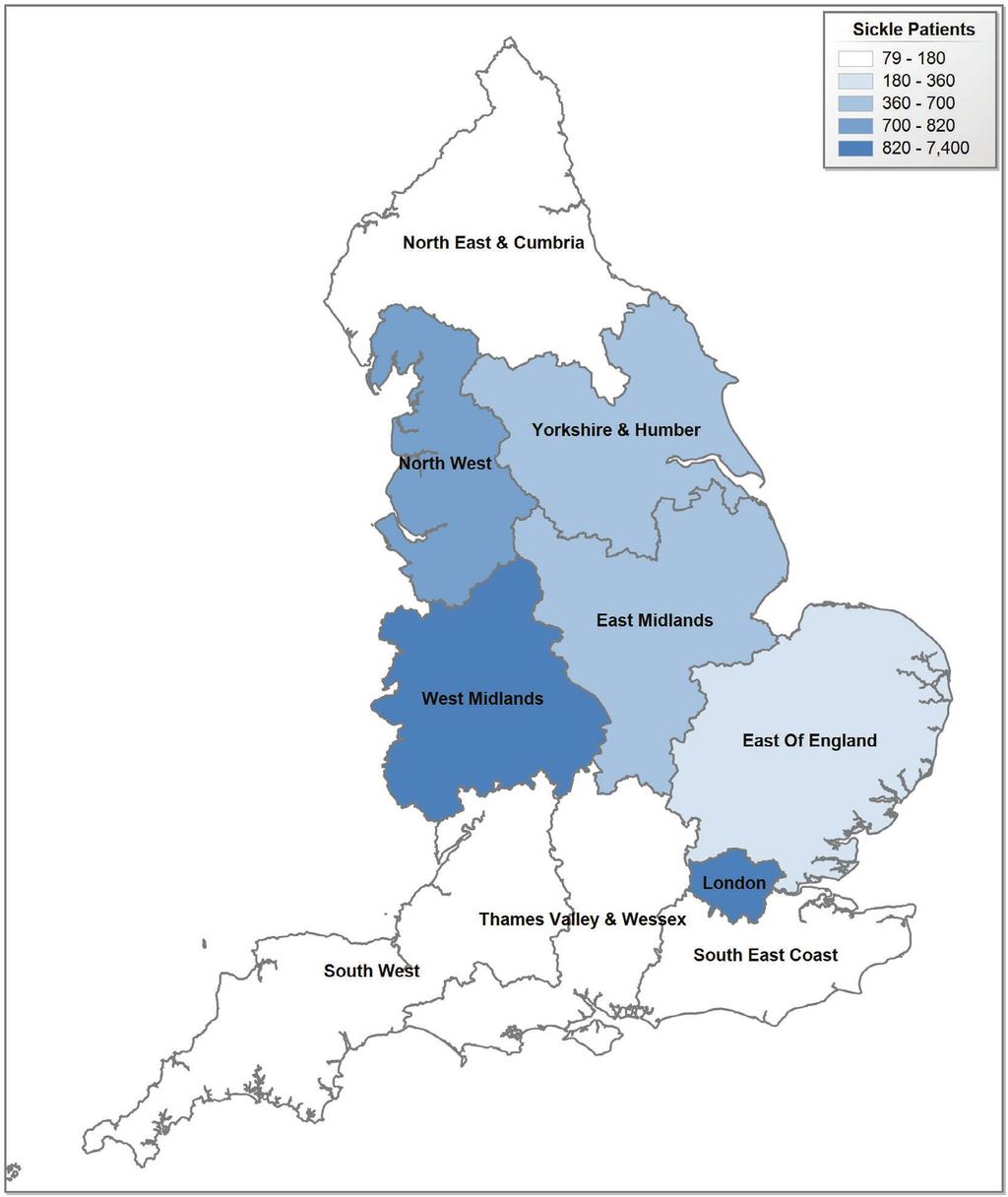 Sickle Cell Reports Figure 2.4 Map of Sickle Cell registrations by commissioning hub 2017/18 Table 2.4 Table of Sickle Cell registrations by commissioning hub 2017/18 Region No. Patients Region No.