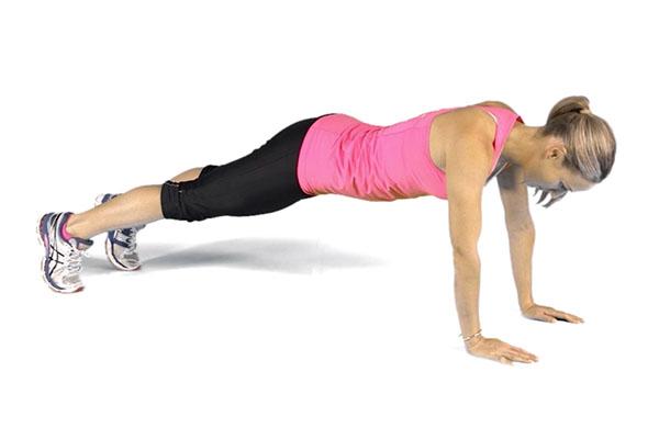 Full Plank Hold Begin on your hands and knees with your hands at shoulder height, facing forward.