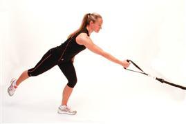 Start the exercise on 1 leg with the bungee cord in front in opposite hand.