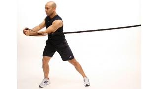 This movement involves a lateral lunge (frontal plane) in combination with a bilateral rotational arm movement.