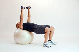 DUMBBELL CHEST PRESS ON STABILITY BALL - 2 ARM Reps: 10- Sets: 2-3 Intensity: 70% Tempo: Rest: -- Duration: -- Place head and shoulders on stability ball (SB), keep chin up so neck is in neutral