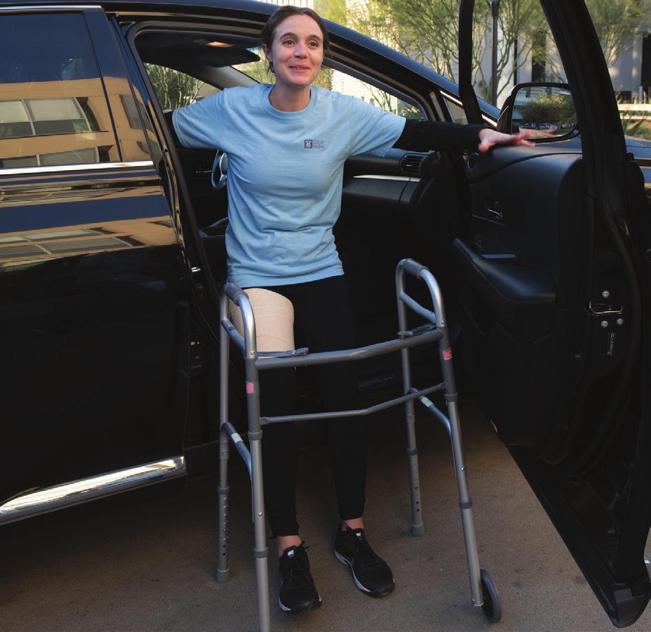 Once you are stable, you can hold onto an assistive device (such as a front-wheel walker, crutches or cane).