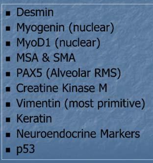 Desmin RMS: IHC Myogenin (nuclear) MyoD1 (nuclear) MSA & SMA PAX5