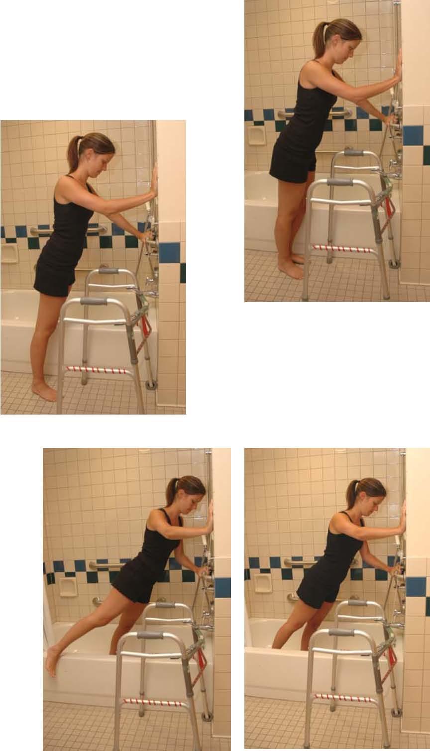 Standing Tub Transfer After Hip Surgery 1. Align walker next to tub and use wall, sink or grab bar to support yourself. 2. Step into tub with non-surgical leg first. 3.