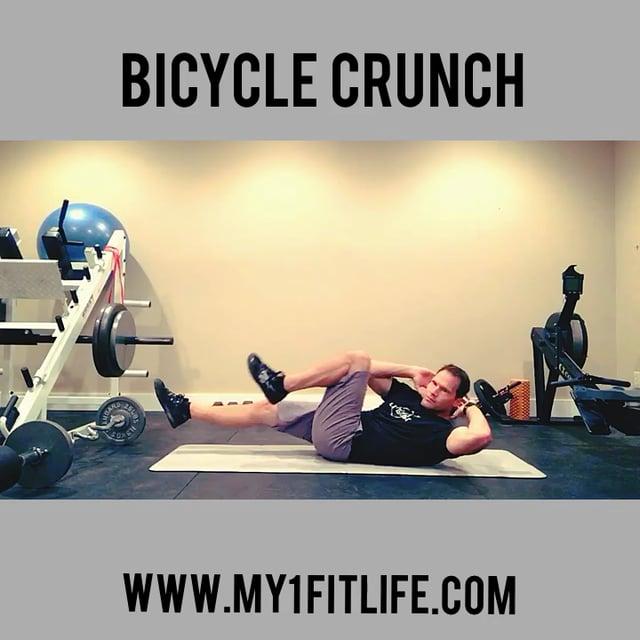 BW ALT SINGLE LEG HIP BRIDGE BICYCLE CRUNCH Begin lying on your back, knees bent, feet flat on the floor directly below your knees Extend one leg directly upwards towards the ceiling with foot flexed