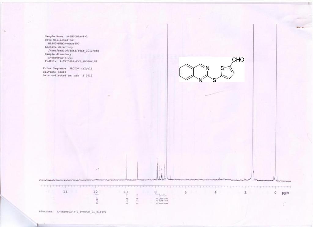 39 2.2g 5-(quinazolin-2-ylthio)thiophen-2-carbaldehyde (table 4, Entry g): Pale yellow solid [Yield: 152 mg, 92%] Rf : 0.