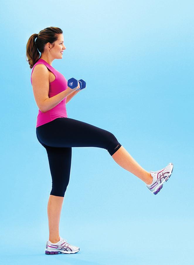 9 SHAPE-UP KICK works arms, abs, butt, thighs Hold a weight in each hand at sides, feet hip-width apart.