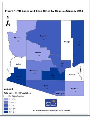 Report Highlights In 2014, there were 193 cases of active TB disease reported in Arizona. The 2014 TB case rate in Arizona was 2.9 per 100,000 population compared to 3.0 per 100,000 nationally.