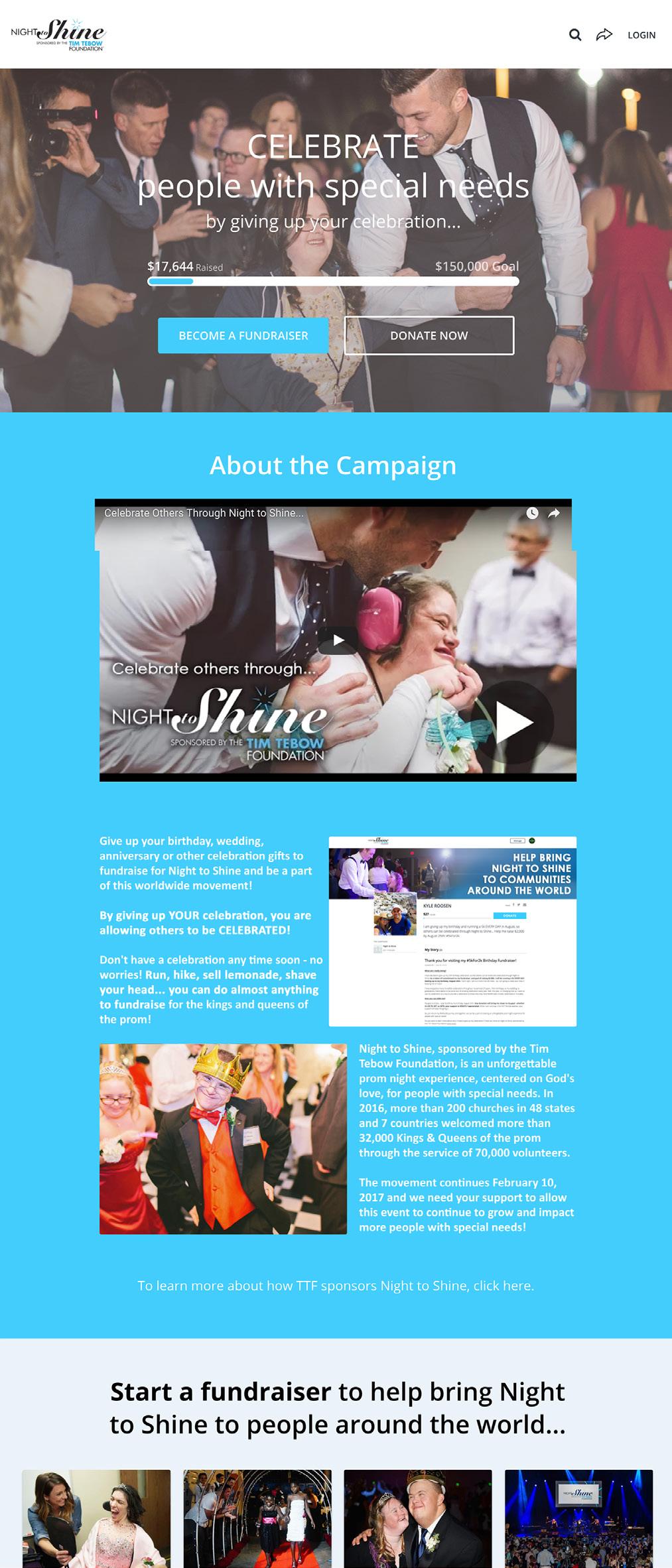 WHAT WE LOVE ABOUT IT Signature Color Throughout Page Video Evokes Emotional Response The Tim Tebow Foundation uses a moving video in their About Block to provide context to the campaign in a way