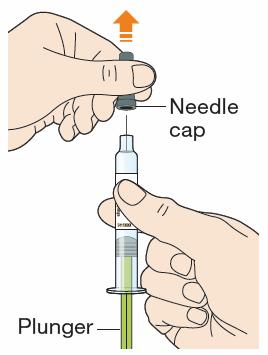 Hold the syringe in the middle of the syringe body with the needle pointing away from you.