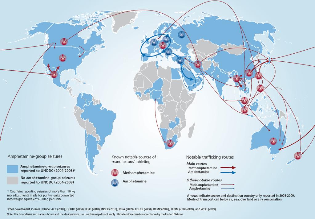 Locations of amphetamines manufacture and main trafficking routes Sources: UNODC, Annual
