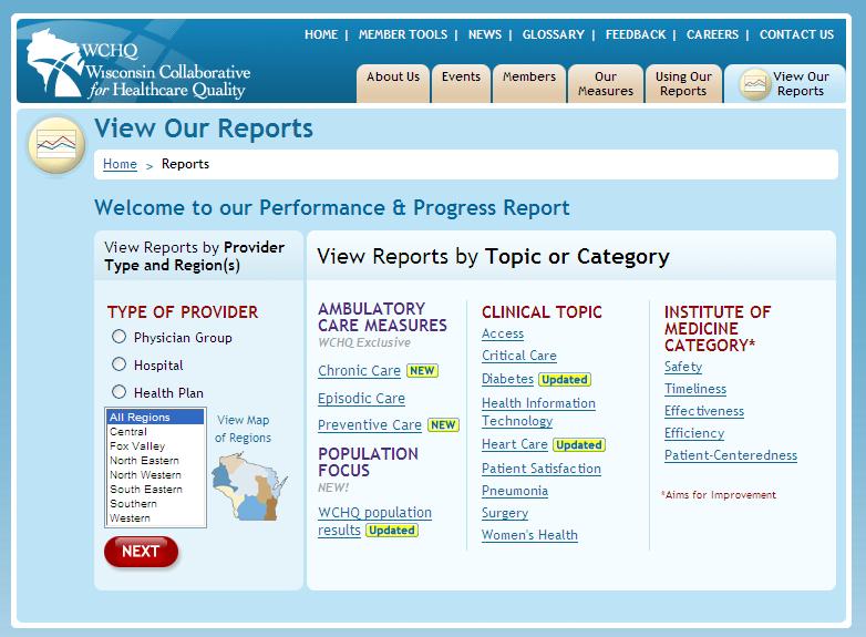 Web Report: www.wchq.org View reports by Clinical Topic or IOM Category.