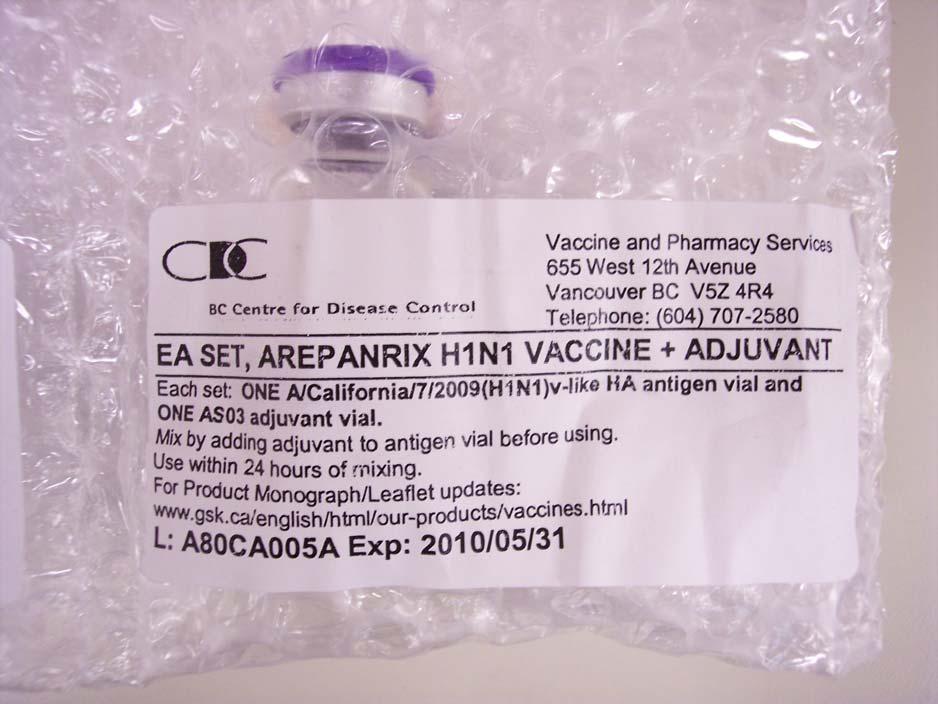 Recording of lot number of adjuvanted vaccine cont d: BCCDC will repackage vaccine into 10 dose bubble packs for
