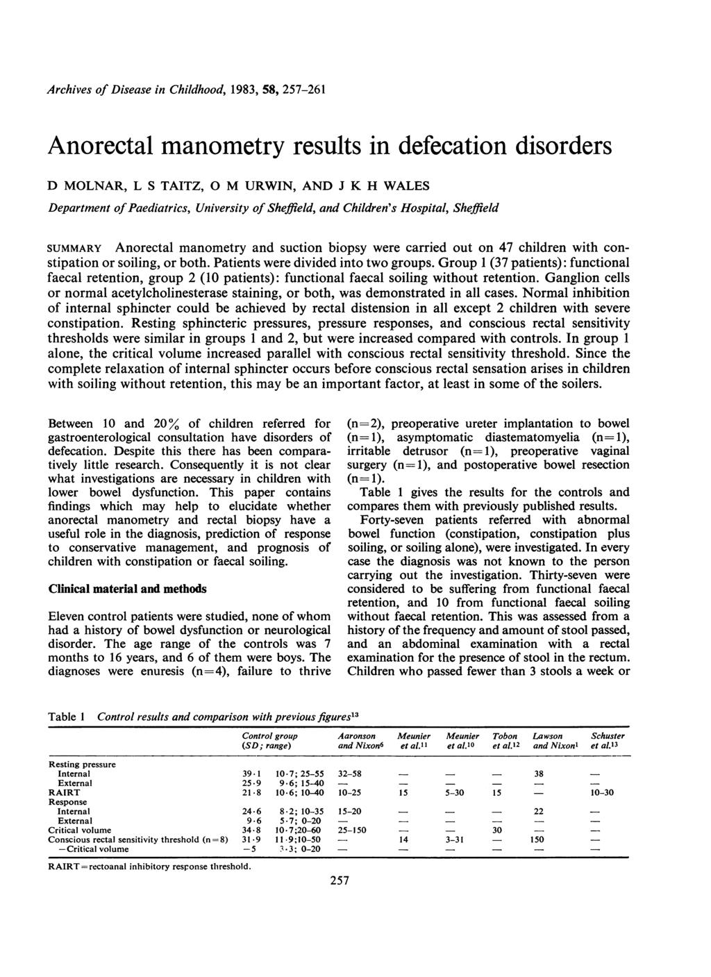 Archives of Disease in Childhood, 1983, 58, 257-261 Anorectal manometry results in defecation disorders D MOLNAR, L S TAITZ, 0 M URWIN, AND J K H WALES Department of Paediatrics, University of