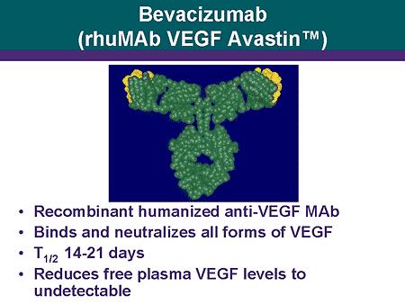 Avastin is a monoclonal antibody that binds to and inhibits VEGF Avastin has been approved for colon cancer, lung cancer,