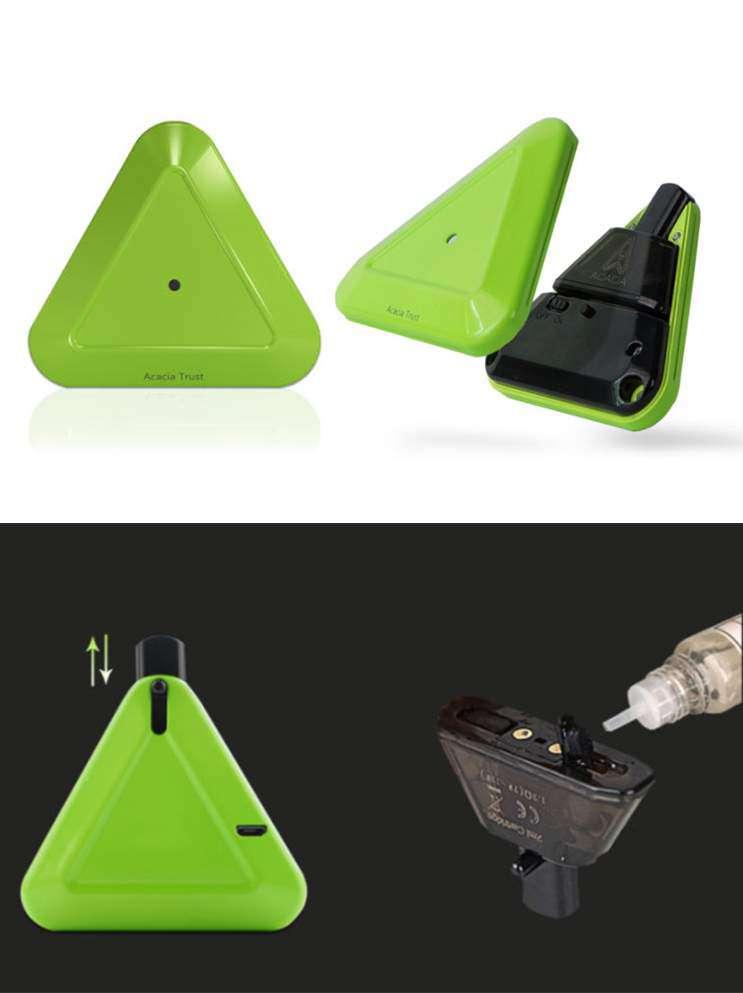 ACACIA TRUST POD SYSTEM VAPE POD SYSTEMS, APRIL 2018 UPDATE Triangle pod system with hideable mouthpiece. 2ml pod capacity. Guangdong ACACIA Technology Co., Ltd.