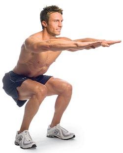 6. Squat Stand with your feet shoulder-width apart, toes pointing straight ahead. Lower yourself from the hips and knees (ie. like you are taking a seat). Keep your chest and eye gaze up (chest proud!