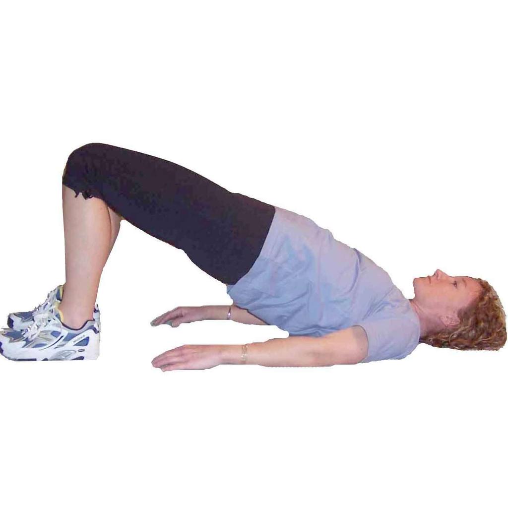 neutral spine position throughout Bridge - Double Leg Lie face up, knees bent, feet flat on